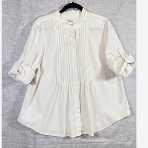 Chaus Women White Pintuck Mandarin Collar Button Up Shirt Size 16 3/4 Sleeve